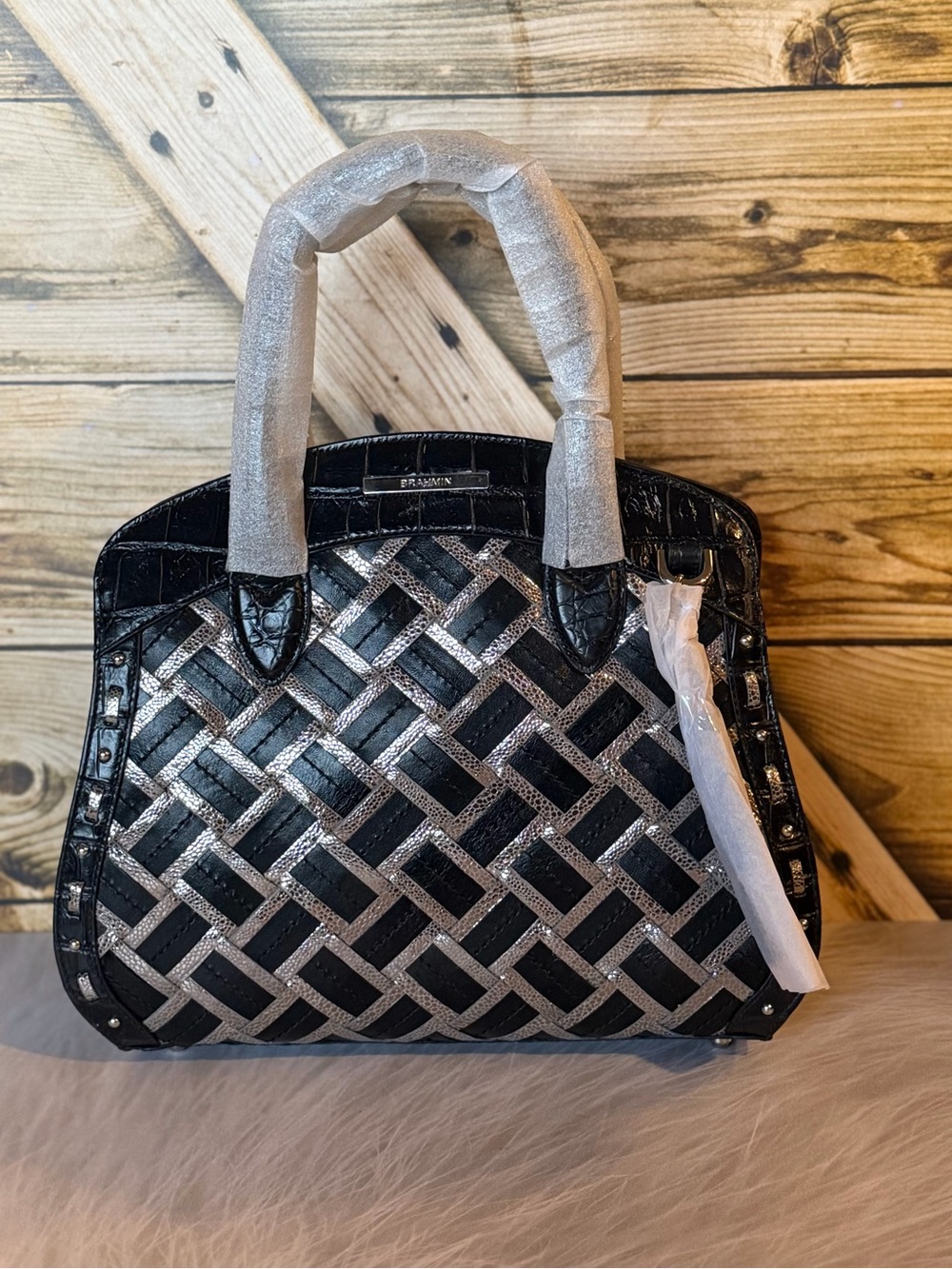 Brahmin Rosetta Castle Glen Premiere Collection Satchel Bag Black Silver Lux
